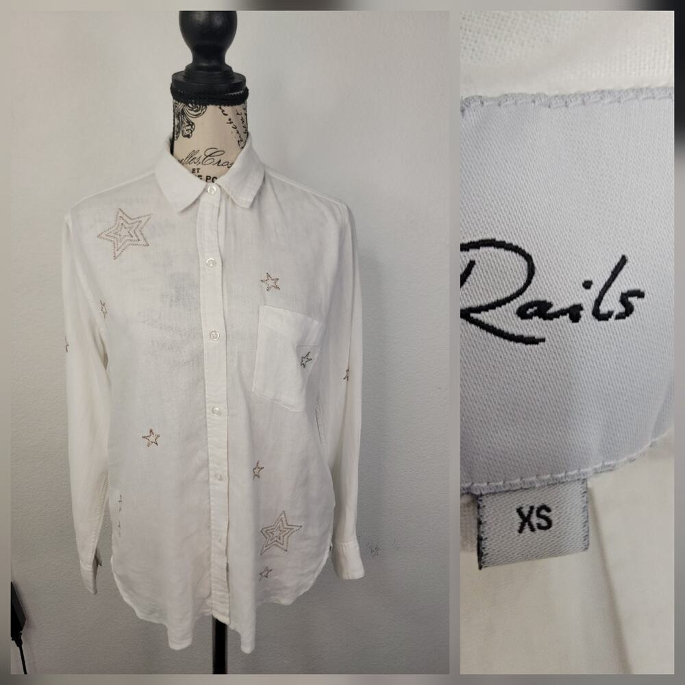 Rails Shirt Womens XS White Charli Metallic Stars Linen coastal summer Celestial